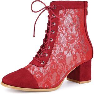 Ankle Boots for Women Red Rubber Lace Up Floral Lace Block Heels for Women